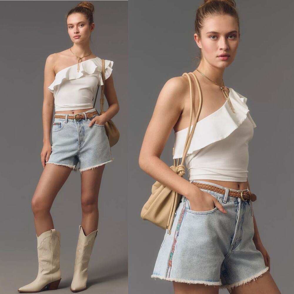 NWT Anthropologie Maeve One Shoulder Ruffled White Asymmetrical Top Blouse XL - Picture 3 of 11